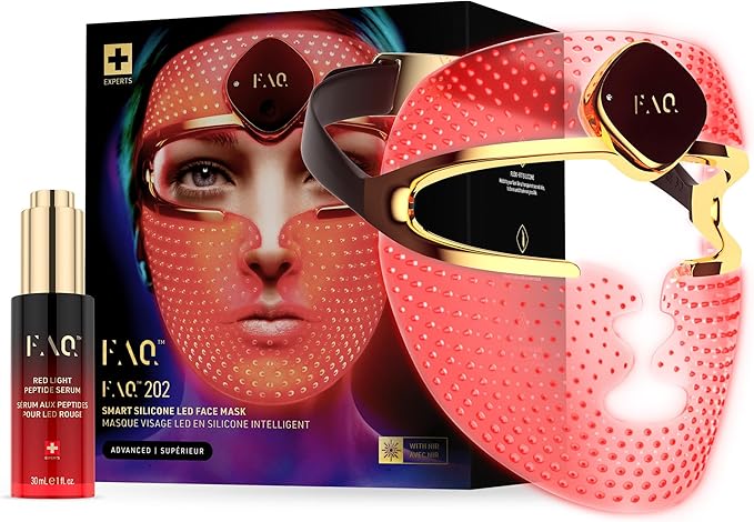 FAQ 202 Face Mask Device + Red Light Peptide Serum Bundle – 8-Mode Wireless Mask with 600 Light Points – Wearable Skincare Set