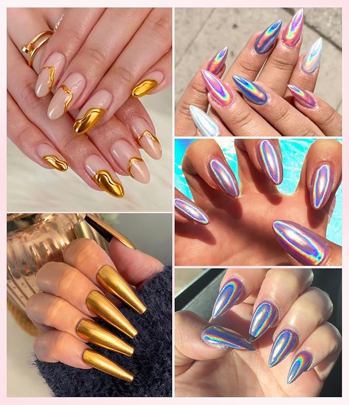 BISHENGYF Gold Chrome Nail Powder - 6pcs Sparkly Laser Holographic Nail Powder Metallic Mirror Effect Pink Nail Chrome POwder, White Pearl Pigment Holo Iridescent Glitter Dust Kit, Nail Art Decoration