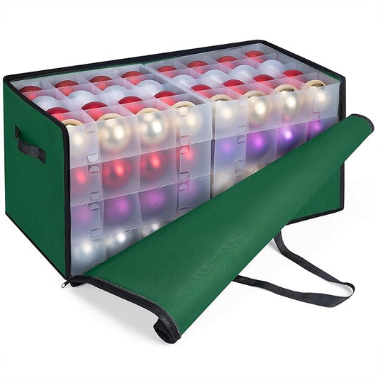 BALEINE Christmas Ornament Storage Box with Dividers, Premium Holiday Ornaments Storage Container Bin for Xmas Decorations (128 Ball, Green, Soft)