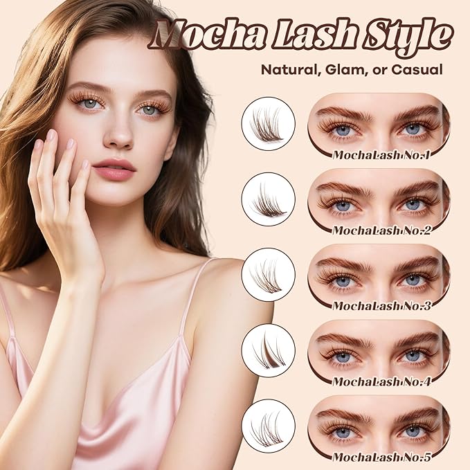 B&Q Brown Lash Clusters Natural Lash Clusters for Light Hair, Reusable MochaLash Cluster Eyelash Extensions Soft Brown False Eyelashes Comfortable Eyelash Clusters Perfect for Occasions（MochaLash 01）