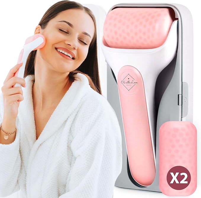 Eli with Love Ice Roller for Face Premium Facial Ice Roller with Carry Case and 2X Rollers for Long Lasting Cold - Eye Roller for Puffy Eyes & Cold Massage for Migraines (Pink (with case))