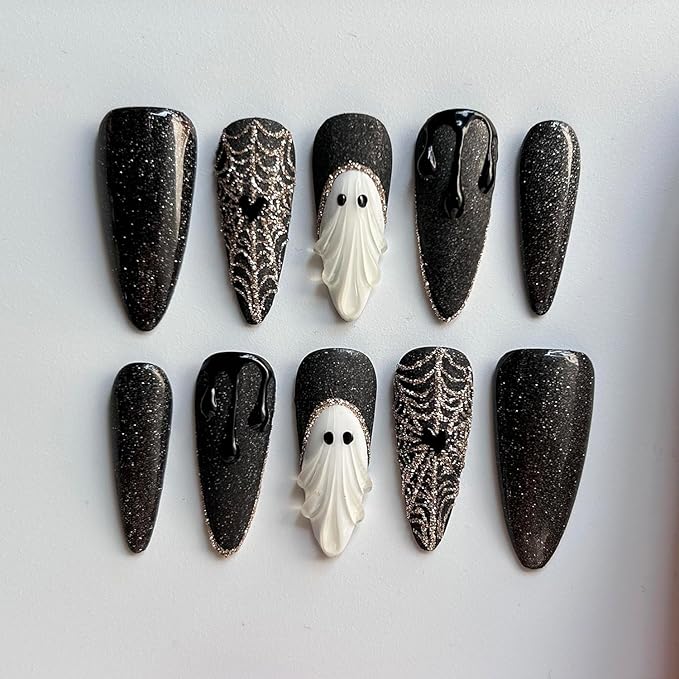 MAGLFELL Press On Nails Handmade Long Stiletto Fake Nails, Horror Black Blood Ghost Sparkling Design,10 Pcs Reusable ABS Material Finger Painting Fingernail Tip Salon Artificial Nails Kit (Size M）