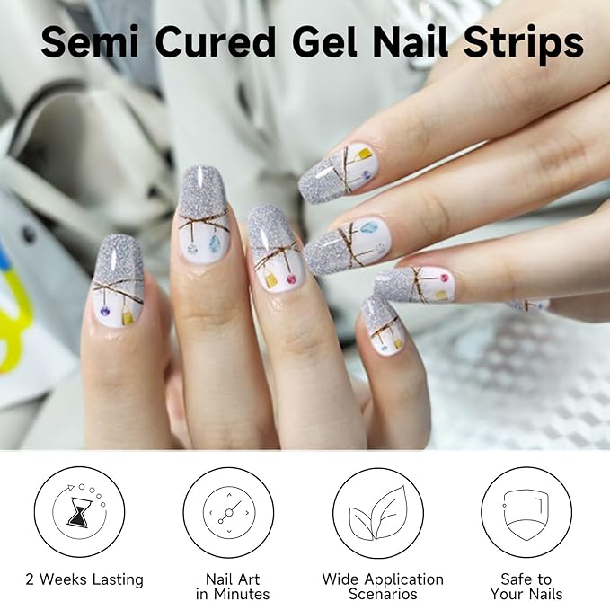 DUKASOU Semi Cured Gel Nail Strips, 56Pcs Nail Art Stickers/Wraps, Long Lasting UV Nail Polish Strips for Adults(Silver Rhinestones+French Tip Glitter)