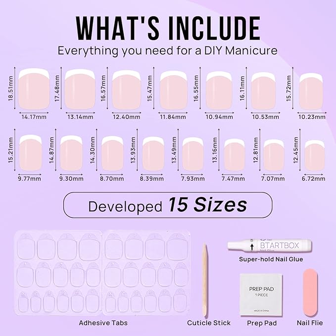 BTArtbox French Tip Press on Nails - Gel Press on Nails Short, No Fade Out Fake Nails with Nail Glue, Seamless Fit Glue on Nails in 15 Sizes Nail Kit for Wedding, Classic White