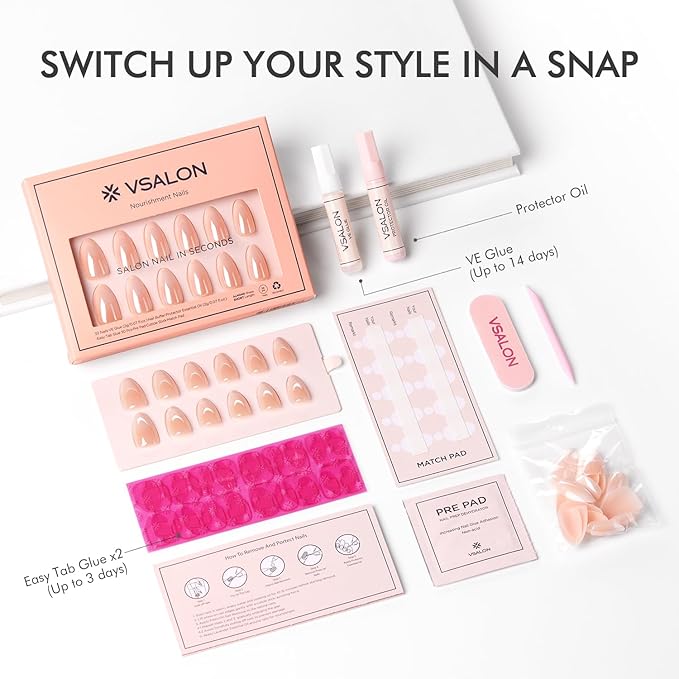 VSALON Press on Nails Short Almond - Chrome Ombre Nails Kit for Women, Reusable Opaque Soft Gel Fake Nails with Glue & Cuticle Oil - 32 PCS Glue On Nails in 16 Sizes (Romantic Floral)