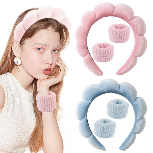 Spa Headband for Washing Face Wristband Set Sponge Makeup Skin Care Terry Cloth Bubble Soft Get Ready Hairband Women Girls Puffy Padded Headwear Non Slip Thick Hair Accessory (Blue Pink)