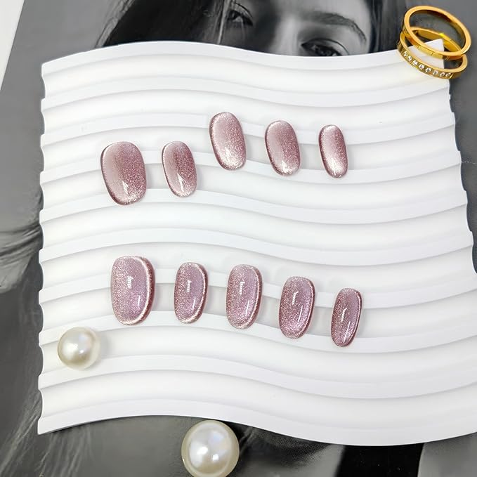 Cat Eye Press on Nails Handmade Short Oval/Square/Round False Nails with French Tip/Aurora/Magnetic Shimmer Designs (Side#Sunshine Lily S)