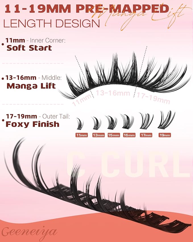 Geeneiya Manga Lash Clusters Wispy Cat Eye Lash Clusters 11–19mm Fox Eye Cluster Eyelash Extensions Left & Right DIY Lash Extension C Curl Eyelash Clusters Pre Mapped Cluster Lashes Wet Look
