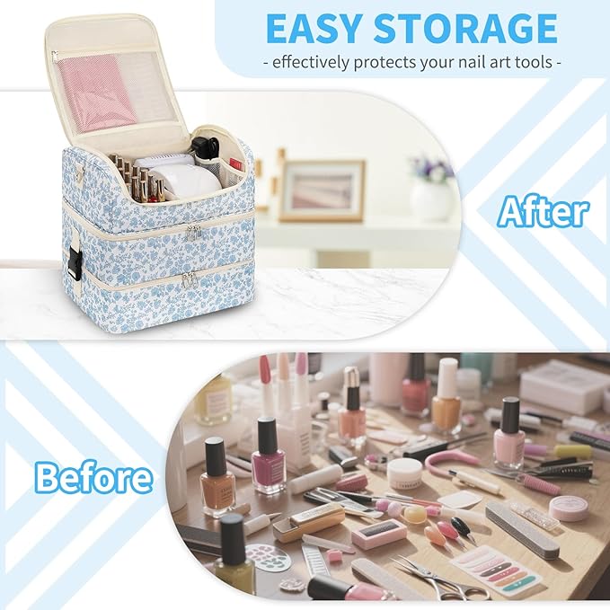 Extra Large Nail Polish Organizer - Three Layer Nail Organizers And Storage Bag, Portable Nail Supplies Organizer Case, Nail Tech Kit Travel Carrying Box with Shoulder Strap (Floral Blue, 117 Slots)