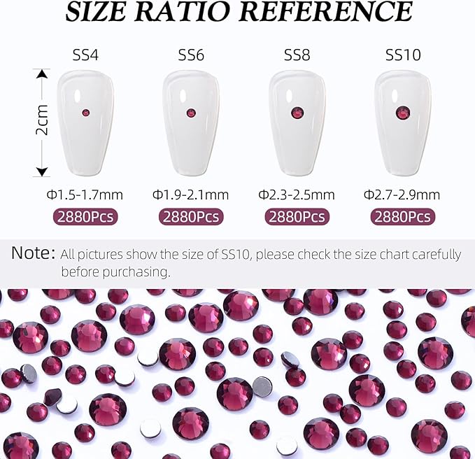Meibite Purple Flatback Rhinestones, Glass Rhinestones for Nail Art and Craft, Glue Fix, Loose Crystal Gemstones(Purple, SS10, 2880pcs, 2.7-2.8mm)