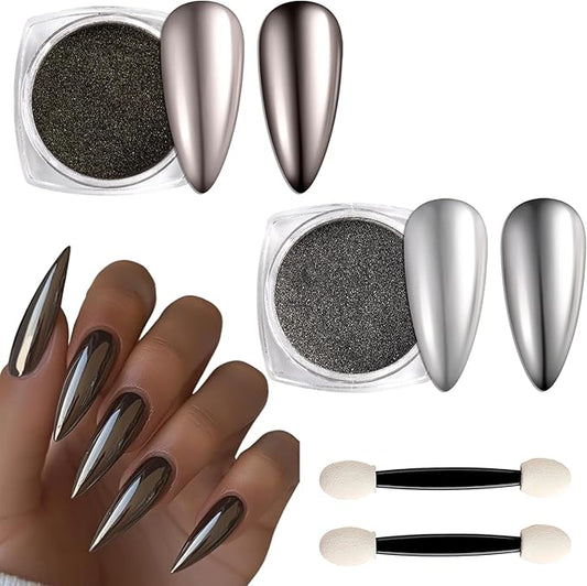 SUTOKAKA 2 Colors Copper Black Chrome Nail Powder Dark Bronze Matallic Mirror Effect Nail Chrome Pigment Holographic Aurua Dust for Manicure Art Design Home Salon Supplies