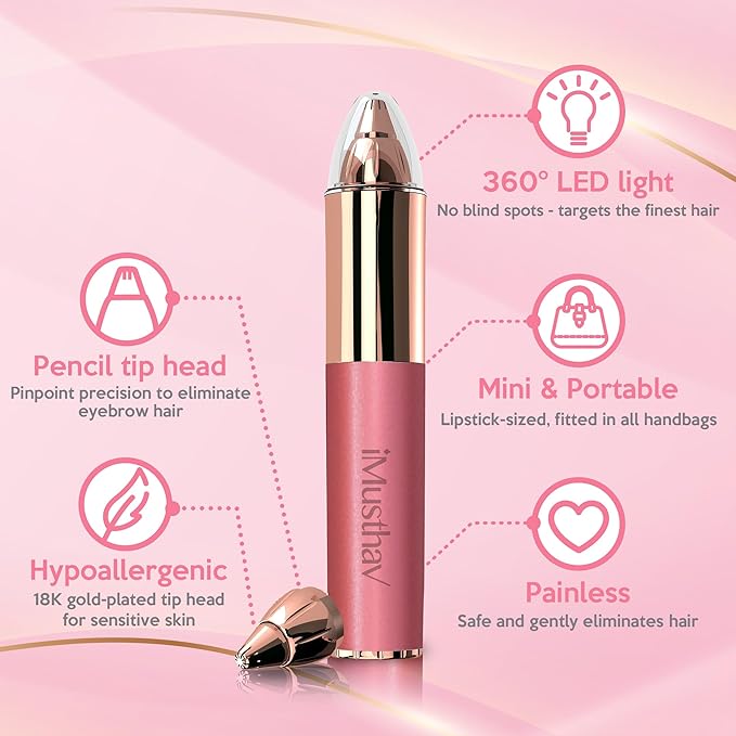iMusthav Eyebrow Hair Remover for Women | 18K Gold-Plated Head | 360° LED Light Portable Painless Epilator
