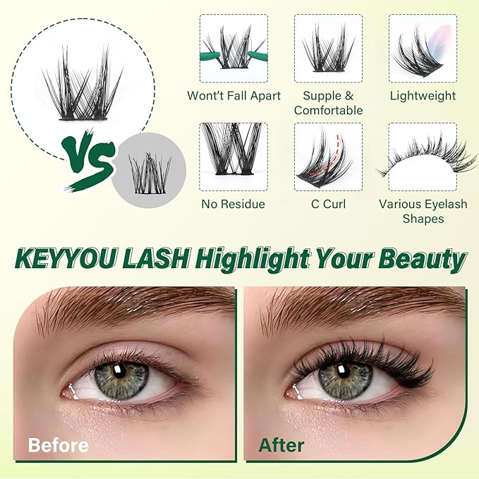 KEYYOU LASH Lash Clusters Kit Manga Lashes 8-18mm C Curl Wispy Lash Cluster Ultra-Thin Natural Lash Cluster with Spike Eyelash Extension 120pcs Fairy False Eyelash with Remover Bond and Seal（F04 Kit）
