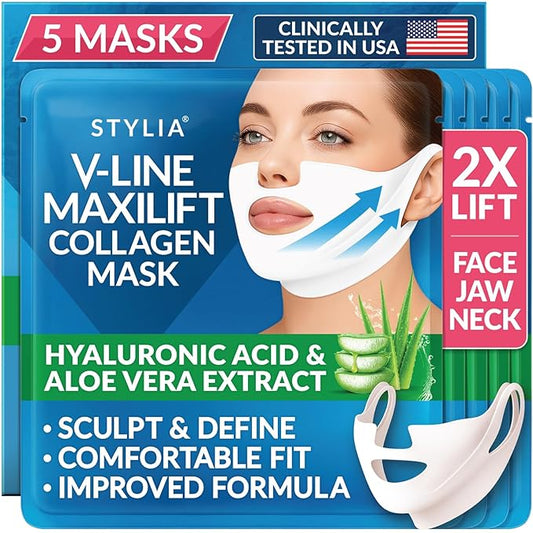 STYLIA MaxiLift V-Line Lifting Collagen Face Mask - Advanced Double Chin Reducer - Jawline Shaper - Neck Firming and Tightening Mask with Hyaluronic Acid & Aloe Vera - Chin Strap for Sleeping (5PC)