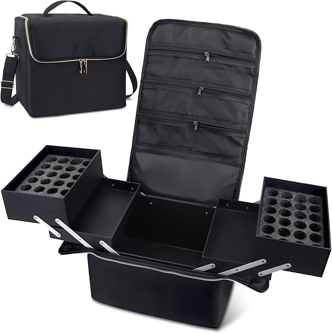 Deciniee Large Makeup Travel Train Case, Upgraded Plus Size Nail Supply Organizers and Storage for Nail Tech, Black 4 Tier Cosmetic Train Case Makeup Box, Nail Polish Makeup Organizer and Storage Bag