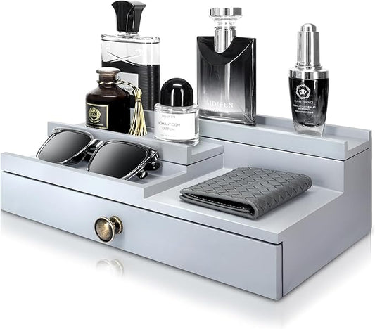 EOSAHR Modern Wooden Cologne Organizer for Men - 3 Tier Perfume Organizer with Storage Drawer and Hidden Compartment - Ideal Gift for your Boyfriend or Dad (Gray)