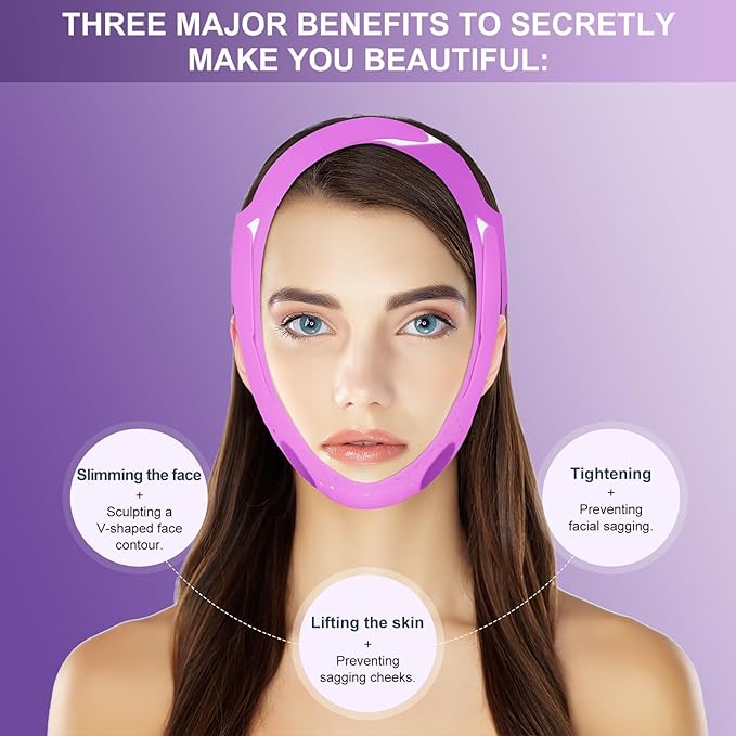 JUSRON V-Line Mask Chin Up Mask Face Strap, Soft Silicone Chin Strap V Shaped Face Mask, Jaw Exerciser 23-27 Inches (Purple)