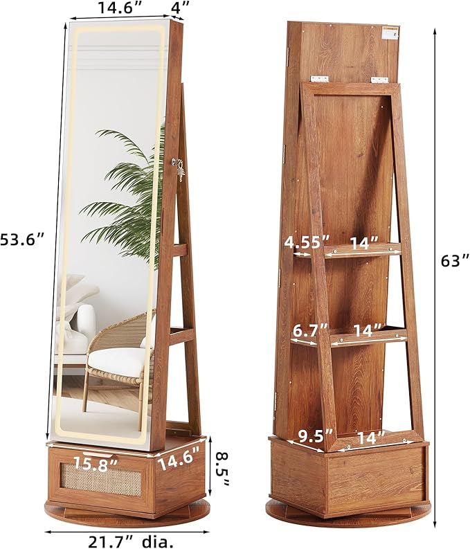 Rattan 360° Swivel Jewelry Armoire Cabinet Standing with Full Length Mirror, Lockable Jewelry Organizers and Drawer Storage with 3 Color LED Lights & Interior Mirror Rear Storage Shelves