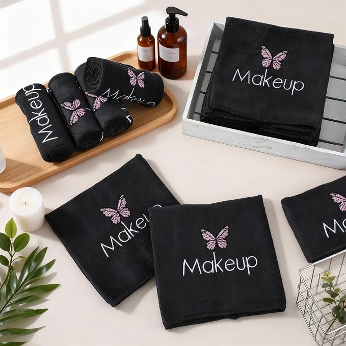 Shimeyao 20 Pack Makeup Towels Black Makeup Washcloths for Face Butterfly Microfiber Remover Cloth 13x13 Inch Quick Dry Face Towels for Cleansing Hand