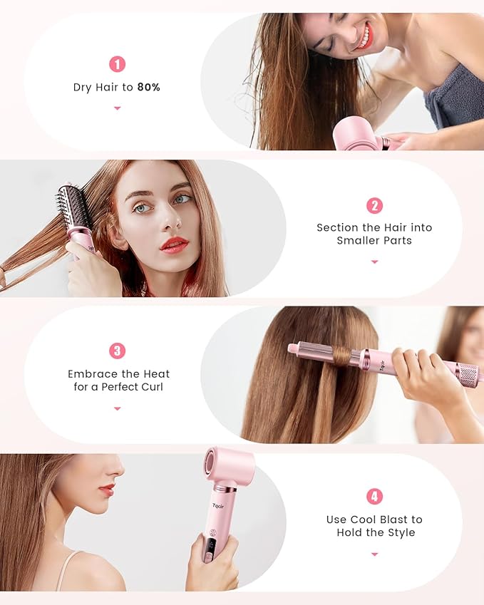Tqcir 8-in-1 Professional Hot Air Styler&Hair Dryer Brush, Powerful Multi-Styler with Auto-Wrap Curler with Storage Case, Fast Drying Curling Straightening Volumizing Without Heat Damage(Pink)