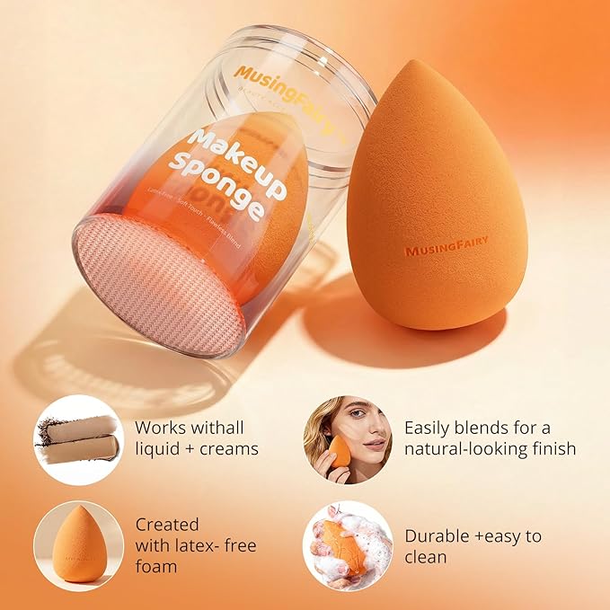 Makeup Blending Sponge with Travel-Friendly Acrylic Holder,Latex-Free Beauty Blender for Flawless Matte Finish, Easy to Clean,Orange 1 Pack