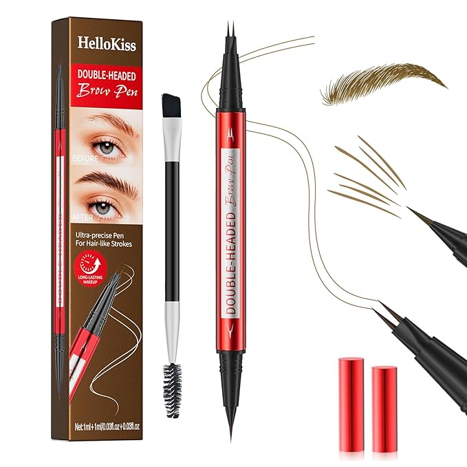 Eyebrow Pencil for Women - Microblading Eyebrow Pen with Dual-Ended Design featuring 2-Fork Tip & Fine Single Brush-Tip, Waterproof, Creates Natural Hair-Like Strokes, Long-Lasting Black Brown
