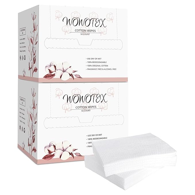 WOWOTEX 100% Cotton Disposable Face Towel 100 Count 10x12 Inch | Biodegradable Thick Soft One Time Use Dry Wipes for Sensitive Skin, Baby Care, Facial Cleaning, Makeup Removal