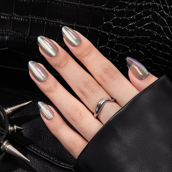 VSALON Press on Nails Short Almond - Holographic Chrome Cat Eye Nails Kit for Women, Reusable Aurora Effect Transparent Soft Gel Fake Nails with Glue - 32 PCS Stick On Nails in 16 Sizes
