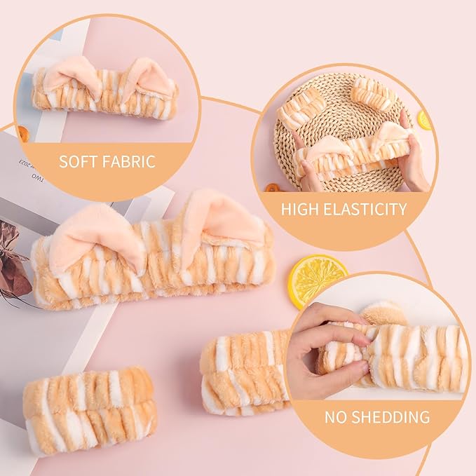 PERFECTSIGHT 2 Pack Cute Animal Headbands for Makeup Wash Shower Adjustable Elastic Hair Band for Girls and Women (Yellow Cat Ear)