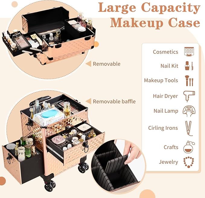 Karl home Rolling Makeup Case with Wheels & 2 Drawers, 3 in 1 Large Capacity Trolley Makeup Travel Case, Professional Cosmetology Lockable Travel Cosmetic Storage Train Cases, Champagne Gold