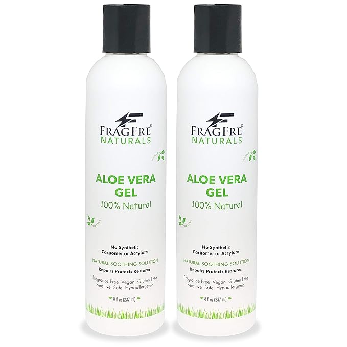FRAGFRE All-Natural Aloe Vera Gel 8 oz (2-Pack Gift Set) - No Synthetic Carbomer or Acrylate - 100% Natural Aloe Vera Soothing Gel - After Sun Exposure Skin Care - Fragrance Free Vegan Gluten Free