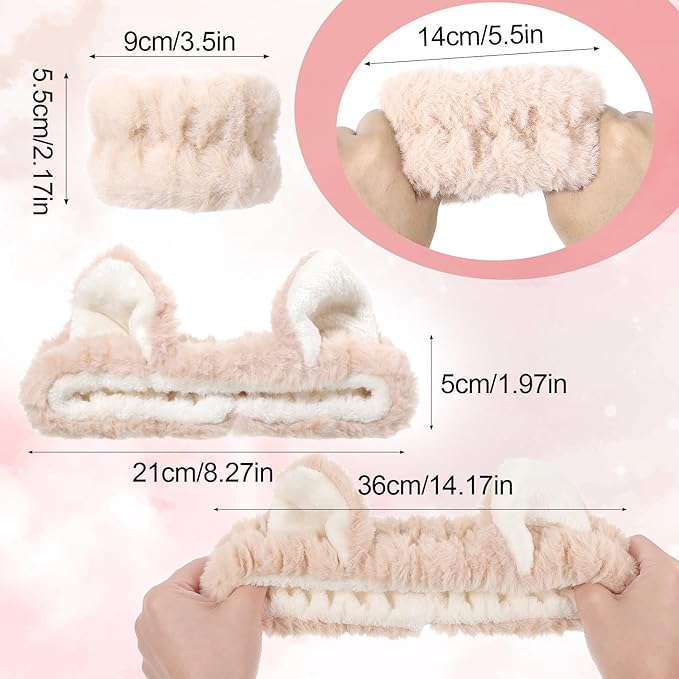 XLIUAX Headbands for Women, Elastic Spa Headband with 2pcs Wristband Set, Cute Plush Cat Ears Puffy Head Band Makeup Hair Band for Washing Face Skincare Yoga Facial Mask(Beige)
