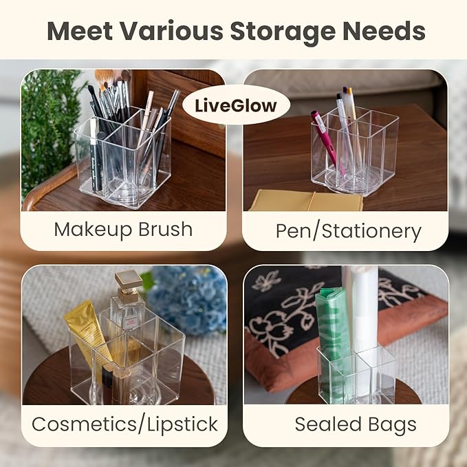 LiveGlow Clear Makeup Brush Holder,Acrylic Rotating 360°Makeup Brush Organizer,Pen holder with 4 Grids,Makeup Holder for Courtup,Containers for Desk,2pc