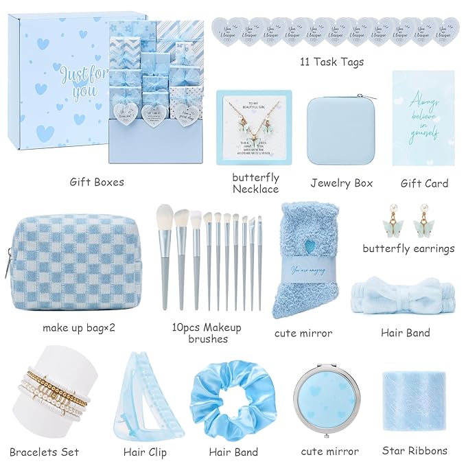 Christmas Gifts for Tween & Teen Girls, 11PCS Birthday Gifts Basket Teen Girls Trendy Stuff with Empowering Tasks Make up Brushes & Bag, Beauty Advent Calendar Wrapped Gifts Box
