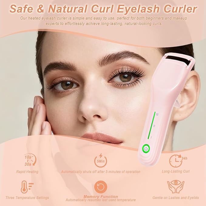 Lilonthy Heated Eyelash Curler, Type-C Rechargeable with 3 Temp Settings & Safe Silicone Pad for Natural Curls, Travel-Friendly (Pink)
