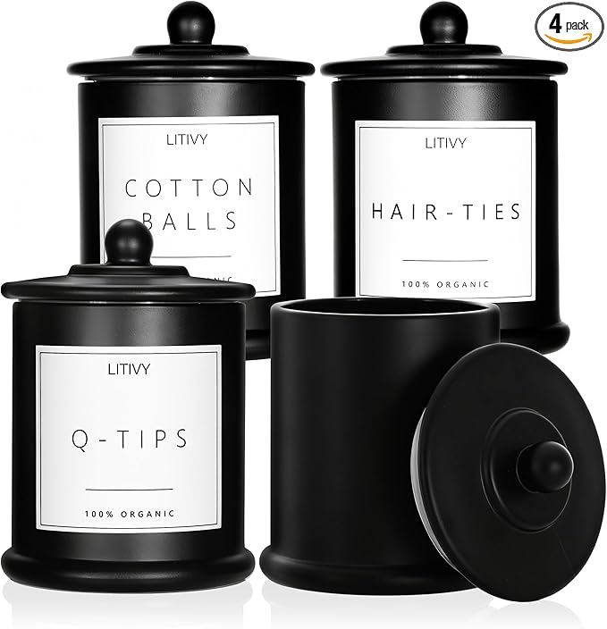LITIVY 4 Pack Bathroom Organizers and Storage - 16 Oz Glass Qtip Holder & Cotton Pad Dispenser with Lid, Apothecary Jars for Home, Room Decor, Kitchen Organizer (Black)