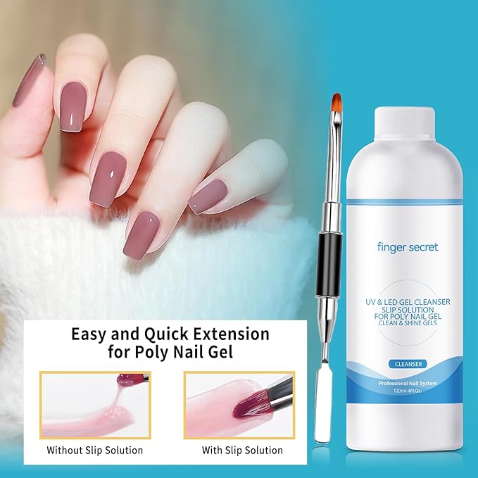 BEVINAS Slip Solution 4Fl.Oz Slip Solution Nail Extension Gel Liquid Slip Solution for Poly Gel Nails with Brush Spatula Glass Cup Nail Cleaning pads Gel Cleanser for Nails