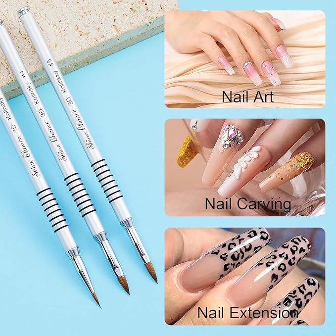 Shine Chance 3Pcs 3D Nail Brushes Set Size 2 4 5, Kolinsky Hair Acrylic Flower Nail Art Brush, Art Design & Polish Mistake Cleaning Manicure Tools for Women Acrylic Application, Silver
