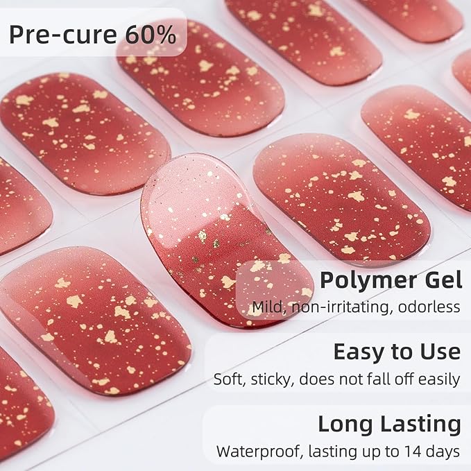 DUKASOU Semi Cured Gel Nail Strips, 56Pcs Red New Years Nail Art Stickers/Wraps, Long Lasting UV Nail Polish Strips for Adults(Red Foil+Caramel)