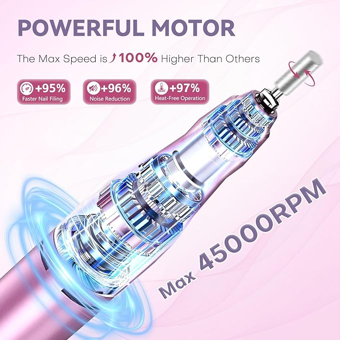 TUOBEO Nail Drill Electric Nail File Kit 45000 RPM Professional Efile Nail Set,Cordless Portable Rechargeable Acrylic Gel Nail Polish Remover Machine Pedicure Manicure Tool with 11 Bits for Salon Home