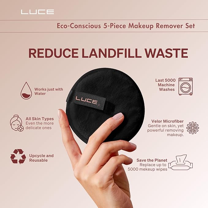 LUCE Lazy Eraser Makeup Remover Pads - Reusable Makeup Remover Pads (Black, 5-Pack)