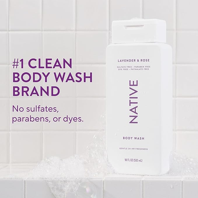 Native Body Wash Contains Naturally Derived Ingredients | For Women & Men, Sulfate, Paraben, & Dye Free Leaving Skin Soft and Hydrated | Lavender & Rose 18 oz - 2 Pk