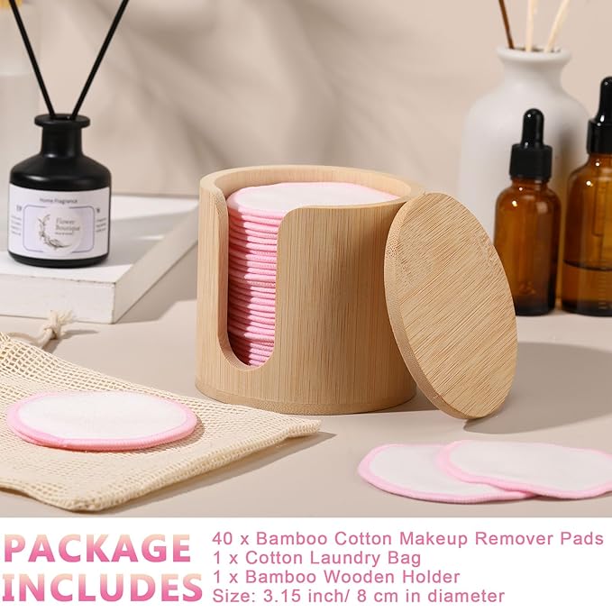 Foaincore 40 Pcs Reusable Makeup Remover Pads with Mesh Storage Bag and Bamboo Box Washable Bamboo Cotton Rounds Soft Reusable Face Pad for Toner Skin Various Skin Care Products(White Pink)