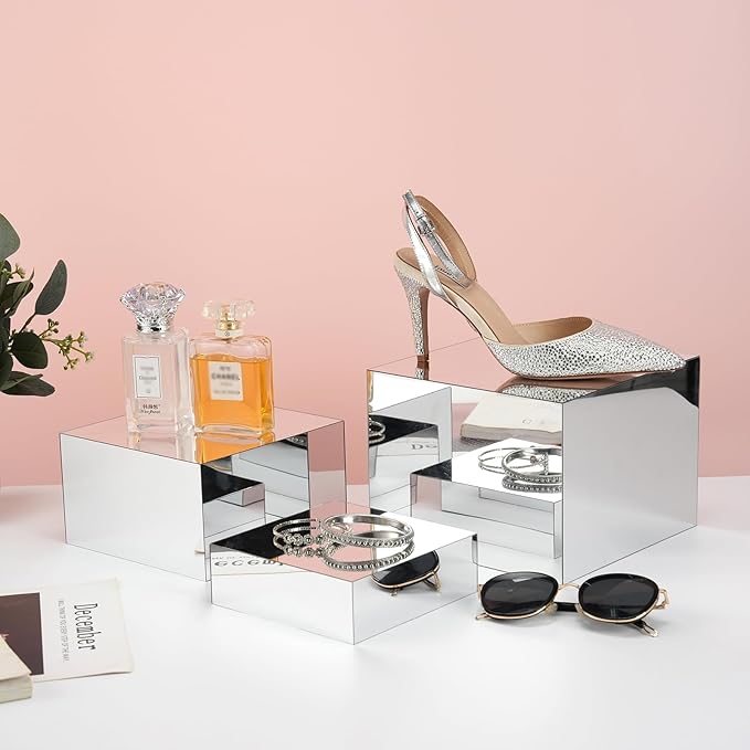 Display Riser Stands, 6pcs Silver Mirror Riser Stand, Acrylic Square Display Boxes, Tiered Food Display Buffet Riser, Purse Stand, Retail Product Showcase for Perfume Collection Jewelry Dessert Party