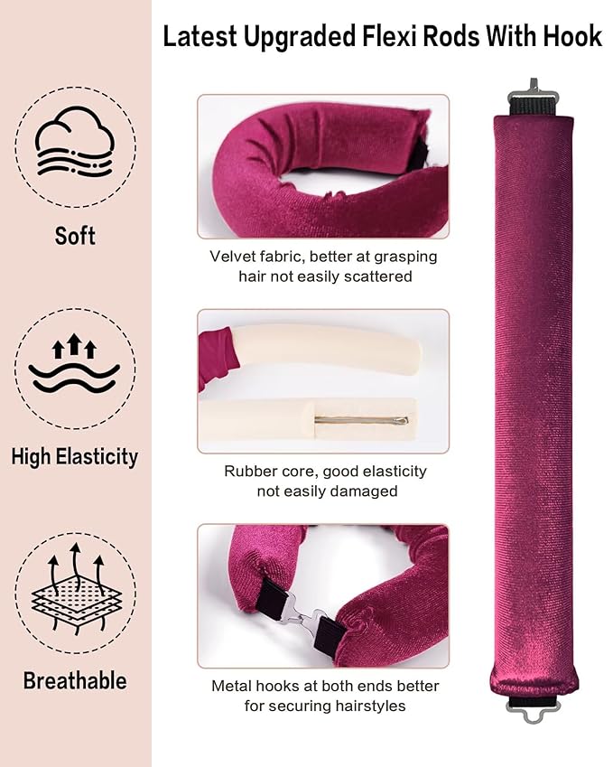 Heatless Curls Overnight Hair Curler - 4 Pcs Curling Rod to Sleep In, Velvet Hair Rollers with Satin Hair Scarf
