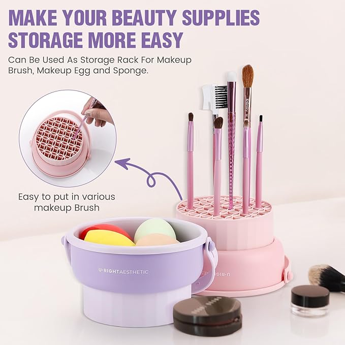 GOLIKEE 2 Pack Makeup Brush Cleaner Mat 3 in 1 Silicone Makeup Brush Cleaner Makeup Brush Cleaning Bowl Makeup Brush Sponge Scrubber Tool for Cleaning, Storage And Upside Down Drying(Two Khkai)