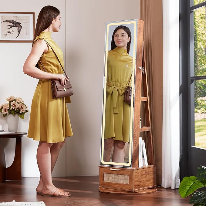 Rattan 360° Swivel Jewelry Armoire Cabinet Standing with Full Length Mirror, Lockable Jewelry Organizers and Drawer Storage with 3 Color LED Lights & Interior Mirror Rear Storage Shelves