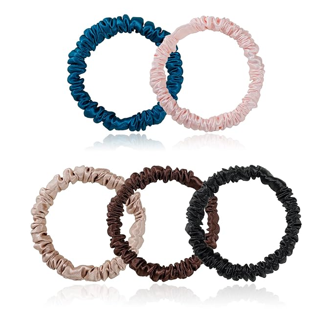 Silmer Silk Scrunchies Hair Tie 22 Momme 100% Mulberry 5 Pack(Peacock blue,Pink,Apricot, Dark coffee, Black)