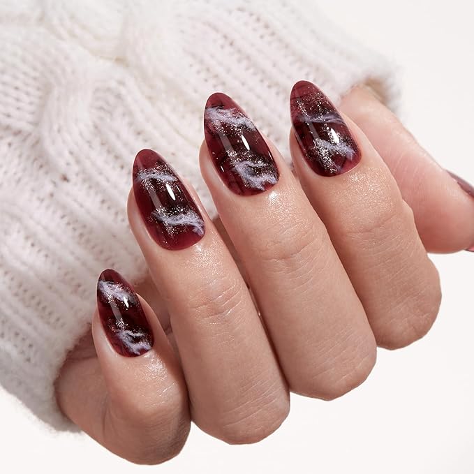 VSALON Press on Nails Short Almond - Brown Marble Glitter Glue On Nails Kit for Women, Reusable Opaque Salon Quality Winter Fake Nails - 32 PCS Stick on Nails in 16 Sizes with Glue & Cuticle Oil