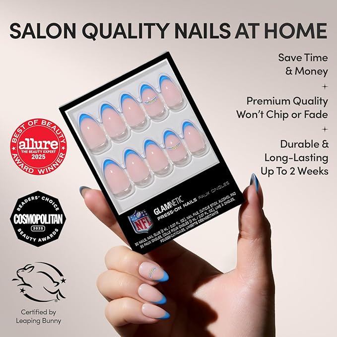 Glamnetic x Fanatics Press On Nails - Los Angeles Chargers | Short Almond Fake Nails, NFL Chargers Blue French Tips, Football Nails, Salon-Quality | 15 Sizes - 30 Nail Kit with Glue